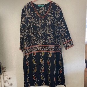 Indian dress Black Multicolor side slits Dress. Boho festival lagenlook xl